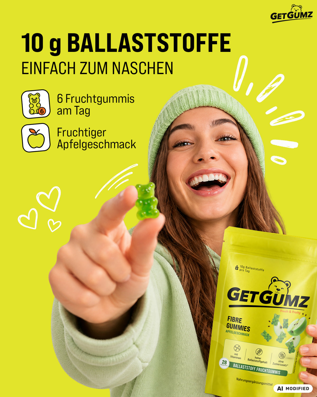 KI-generierte Darstellung: Frau halt GetGumz Produkt und Gummibärchen in der Hand. Bildtext: „10 g Ballaststoffe einfach zum Naschen – 6 Fruchtgummis am Tag, fruchtiger Apfelgeschmack". 