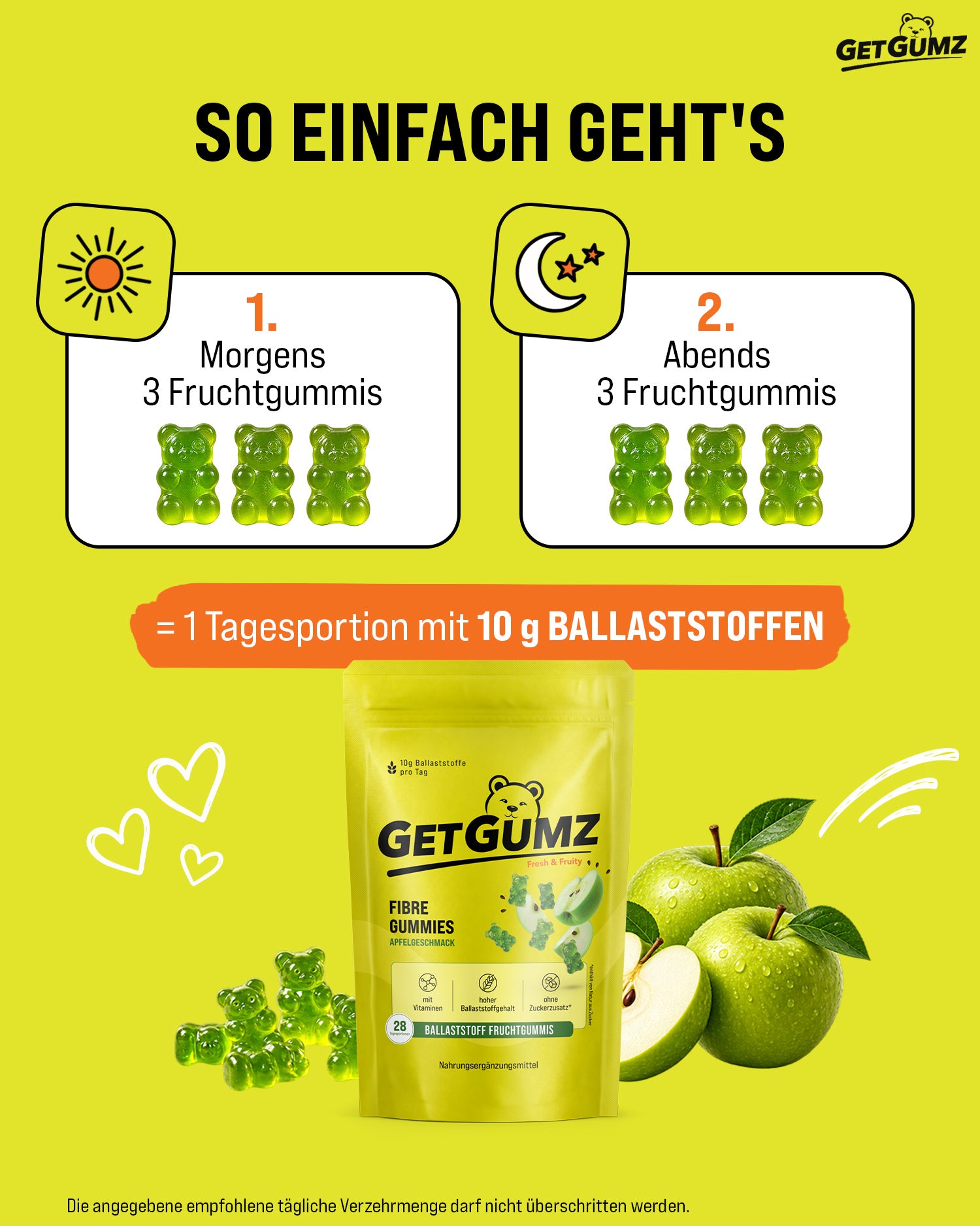 Darstellung Anwendung GetGumz. Morgen 3 Fruchtgummis und Abends 3 Fruchtgummis. Die angegebene tägliche empfohlene Verzehrmenge darf nicht überschritten werden. 