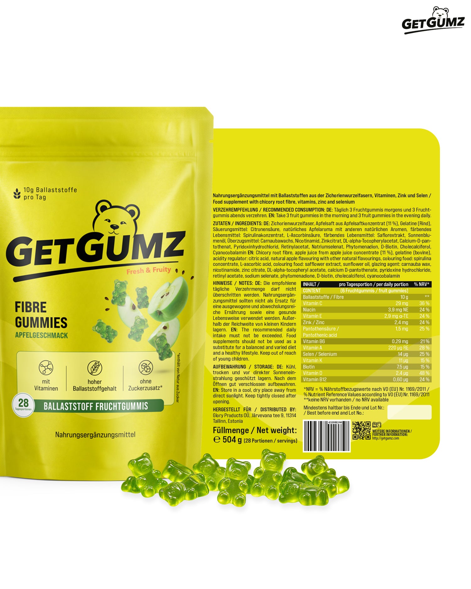 Rückseite Verpackung Getgumz mit Nährwerten und Produktinformationen