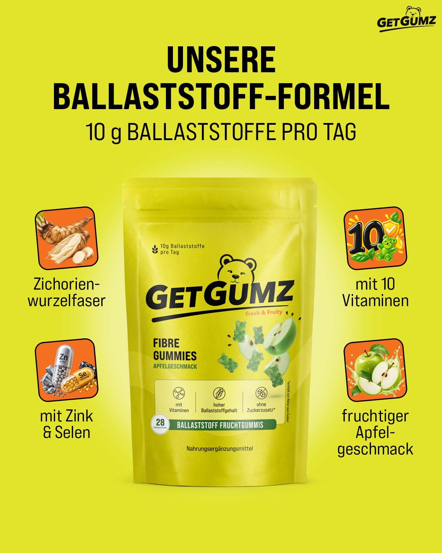 Darstellung GetGumz Ballaststofformel mit Zichorienwurzelfaser, 10 Vitaminen, Zink und Selen sowie fruchigem Apfelgeschmack
