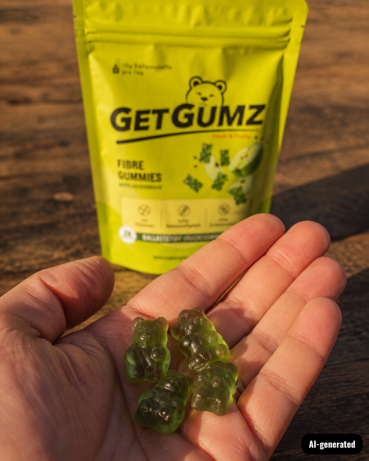 KI-generierte Darstellung: Person hält GetGumz Ballaststoff-Fruchtgumms und macht ein Foto davon