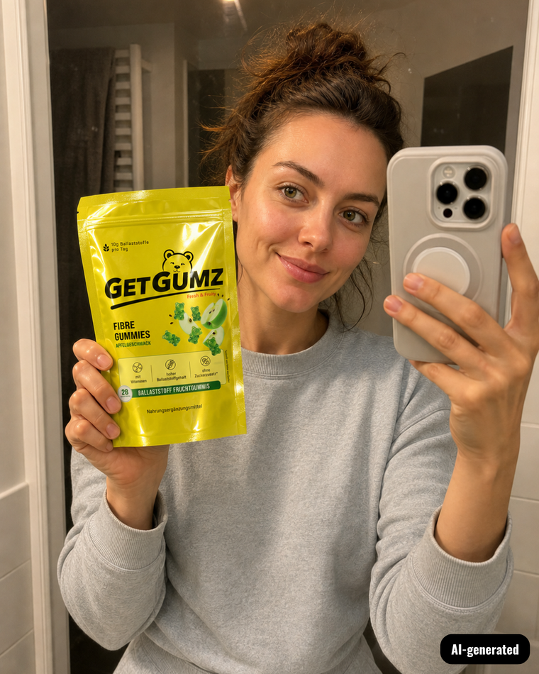 KI-generierte Darstellung: Frau hält Packung GetGumz Ballaststoff-Fruchtgummi und macht mit Handy ein Spiegelselfie