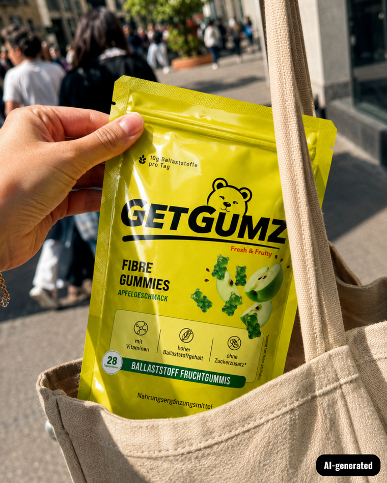 KI-generierte Darstellung: Packung GetGumz Ballaststoff-Fruchtgummi in Beutel