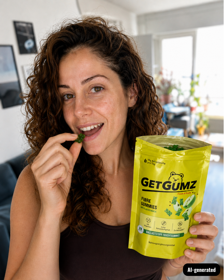 KI-generierte Darstellung: Frau hält Packung GetGumz Ballaststoff-Fruchtgummi und isst ein Gummibärchen