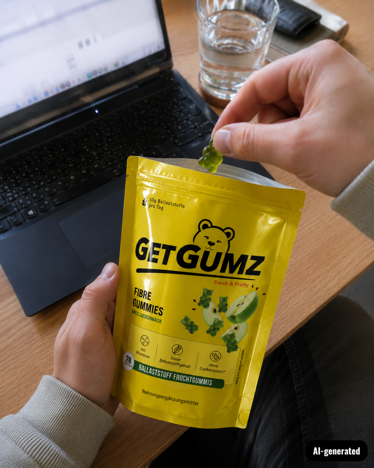 KI-generierte Darstellung: Person hält Packung GetGumz Ballaststoff-Fruchtgummi und nimmt ein Gummibärchen raus