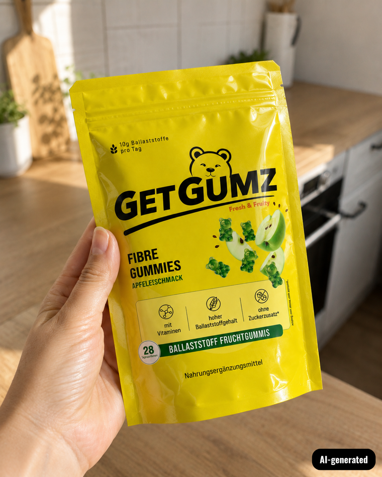 KI-generierte Darstellung: Person hält Packung GetGumz Ballaststoff-Fruchtgummi in der Hand und macht ein Foto davon